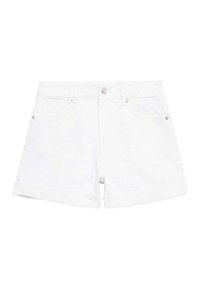 Valkoiset denimpitkät shortsit klassisella leikkauksella, käännetyillä helmillä, etutaskuilla ja vetoketjuhäillä. Sileä pinta ja minimalistinen muotoilu.