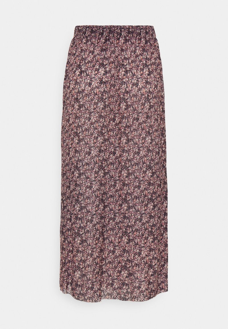 Jupe florale avec une taille élastique froncée. Présente un fond sombre avec de petits motifs de fleurs roses et blanches. Tissu léger et fluide.