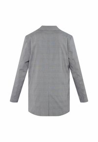 Grå langærmet skjorte med et subtilt ternet mønster, struktureret krave og rene linjer. Minimalistisk design uden dekorationer eller lukninger.