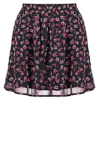 Jupe fleurie en tissu noir avec des fleurs roses et blanches. Elle présente une taille élastique, une forme évasée et un ourlet transparent.