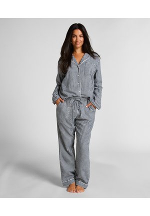 Damen-Pyjama-Set im schwarz-weißen Vichy-Karo-Muster, mit langen Ärmeln, einem eingezeichneten Kragen und einer Hose mit Kordelzug und Taschen.