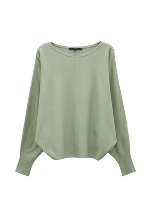 Pull vert clair en tricot doux. Il présente un col large, des manches longues et un ourlet asymétrique avec une texture lisse.