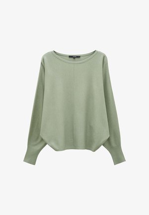 Pull vert clair en tricot doux. Il présente un col large, des manches longues et un ourlet asymétrique avec une texture lisse.