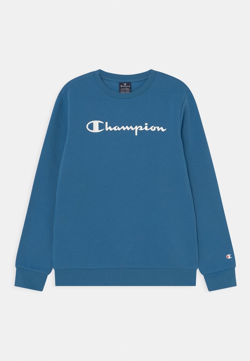 Sweatshirt bleu en tissu mélangé coton. Dispose d'un col ras du cou, de poignets côtelés, et du logo "Champion" en blanc sur la poitrine.