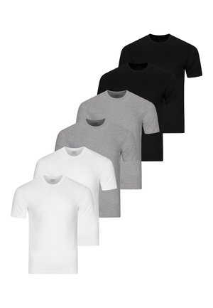 Fünf schlichte T-Shirts mit kurzen Ärmeln und Rundhalsausschnitt, gestapelt in Weiß, Hellgrau und Schwarz, auf weißem Hintergrund dargestellt.