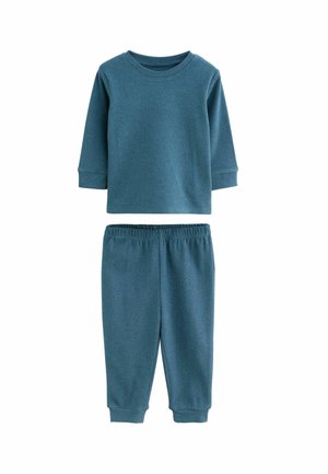 Camisa de algodón en color azul verdoso de manga larga con cuello redondo y pantalones joggers a juego. Los pantalones cuentan con una cinturilla elástica y puños para un ajuste seguro.