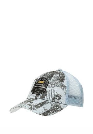 Baseballkappe mit blauem und grauem abstraktem Muster und Netzrückseite, mit einem schwarzen Patch mit der Aufschrift "Camp David Thrill Seeker."