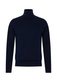 Pull à col roulé bleu marine en matériau tricoté doux. Il possède des manches longues et un col ainsi qu'un ourlet côtelés pour un look ajusté.