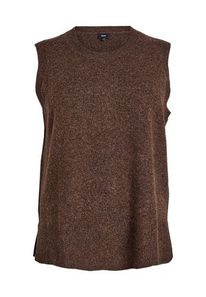 Pull sans manches tricoté marron avec un col rond, des fentes sur les côtés et une texture douce, conçu pour une coupe décontractée.