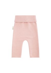 Svetle růžové pletené kalhoty s ohrnutým páskem, s texturovaným vzorem, zkrácenou délkou a otevřenými švy na kolenou.