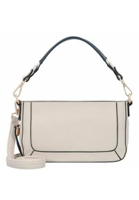 Cremfarbene Lederhandtasche mit strukturierter Form, schwarzen Akzenten, abnehmbarem Schulterriemen und goldenen Beschlägen. Verfügt über Kontrastnähte und eine glatte Textur.