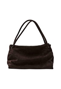 Sac fourre-tout en daim marron avec deux longues bretelles, texture douce et surface lisse. Présente une silhouette spacieuse et flexible.