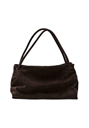 Brown suede tote bag with two long shoulder straps, soft texture, and smooth surface. Features a spacious, flexible silhouette.
