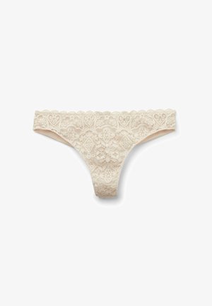 Lace trusse i lys beige med blomsterprint og bølgede kanter, samt en glat inderside for ekstra komfort.