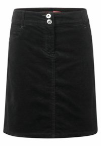 Sort kordfløjl nederdel med frontknaplukning, to sidelommer og en glat overflade. Har en lige pasform og knælangt design.