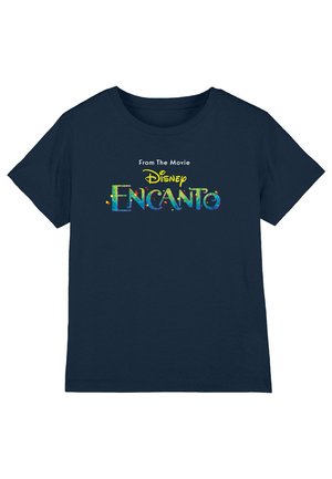 Navy blue cotton t-shirt featuring "From The Movie Disney ENCANTO" in colorful, whimsical letters with accents. Classic crew neck and short sleeves.