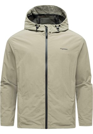 Beige, leichtgewichtige Kapuzenjacke mit schwarzem Reißverschluss und "ragwear"-Logo auf der Brust, entworfen für Freizeit- oder Outdoor-Bekleidung.