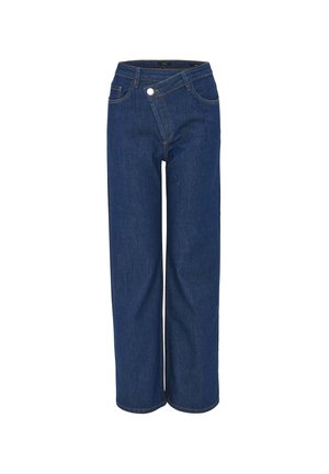 Weite Denim-Jeans in Dunkelblau mit hoher Taille, Frontknopfverschluss und Kontrastnähte. Glatte Textur mit klassischen Taschen.