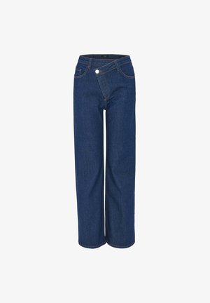 Wijd vallen denim jeans in donkerblauw, met een hoge taille, sluiting met een knoop aan de voorkant en contrasterende stiksels. Glad textuur met klassieke zakken.