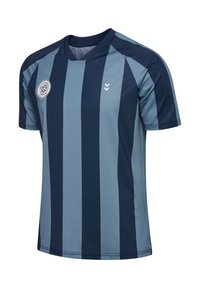 Krótki rękaw sportowej koszulki w pionowe paski w ciemnym i jasnym odcieniu niebieskiego, wykonanej z oddychającego materiału. Posiada dekolt w serek i logo na piersi.