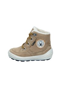 Beige Wildleder Winterstiefel für Kinder mit weißem Futter, gelben und schwarzen Schnürsenkeln sowie einem Patch "Great Alaska Expedition" an der Seite.