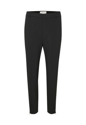Schwarze Hosen in einem eleganten Design, mit zwei Seitentaschen und einem Reißverschlussdetail am Knöchel. Gefertigt aus einem glatten, leichten Stoff.