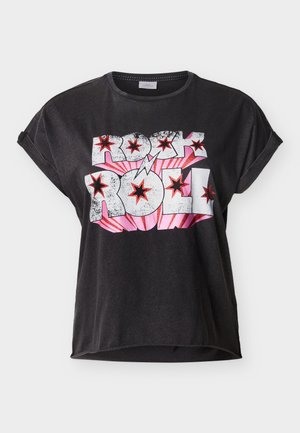Black short-sleeve T-shirt with rolled cuffs and "Rock Roll" text in white and pink with red stars and a lightning bolt design.