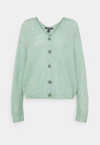 Světle zelený pletený cardigan s V výstřihem, šesti tmavými knoflíky, dlouhými rukávy a žebrovanými manžetami. Měkká textilie a volný střih.