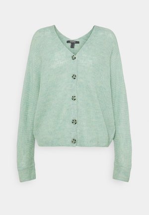 Mintgrøn strikket cardigan med V-hals, seks mørke knaplukninger, lange ærmer og ribbede manchetter. Blød tekstur og afslappet pasform.
