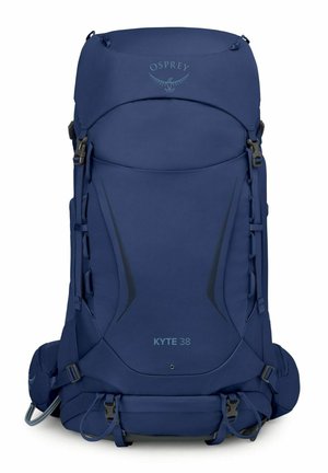 Blauer Osprey Kyte 38 Wanderrucksack mit mehreren Gurten, Schnallen und gepolstertem Hüftgurt für den Outdoor-Einsatz.