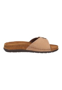 Beige halk sandal med mjukt mockaskinn, korsremdesign, texturerad fotbädd och dämpad sula med subtila sömnadsdetaljer.