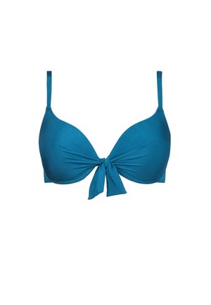 Turkusowy biustonosz bikini z teksturowanej tkaniny, w kształcie trójkąta, z regulowanymi ramiączkami i węzłem na przodzie.
