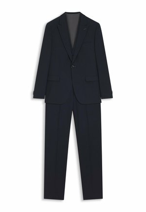 Costume bleu marine comprenant une veste ajustée avec des revers crantés et un pantalon droit assorti. Confectionné dans un tissu lisse à texture subtile.