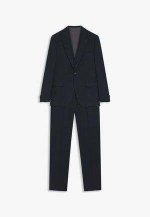 Navy blue suit featuring a tailored jacket with notch lapels and matching straight-leg trousers. Made from a smooth fabric with a subtle texture.