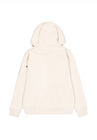 Felpa in cotone di colore bianco sporco con tasca a marsupio e polsini a costine. Presenta un cappuccio e una tasca utilitaria sulla manica sinistra.