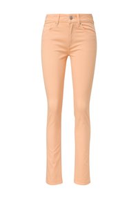 Perzikkleurige skinny jeans gemaakt van zachte stretchstof, met vijf zakken en een metalen knoop aan de voorkant met een ritsopening.