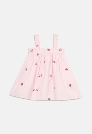 Light pink toddler dress with ruffled straps and embroidered small red flowers scattered across the fabric.