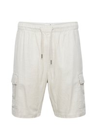 Beige cargo shorts gemaakt van lichtgewicht stof, met een elastische tailleband, trekkoordsluiting en twee zij cargo zakken.