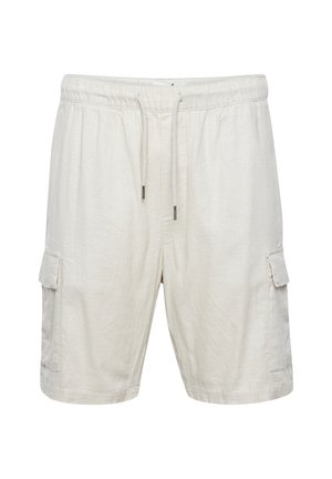 Beige Cargo-Shorts aus leichtem Stoff, mit einem elastischen Bund, Schnürverschluss und zwei seitlichen Cargo-Taschen.