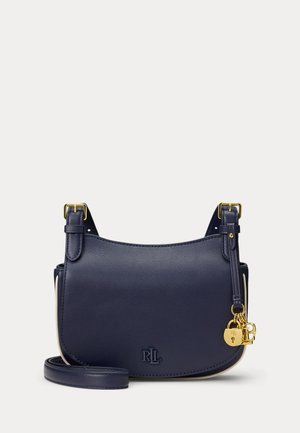 Geantă crossbody din piele albastru închis cu barete cu cataramă aurie, detalii cu lacăt și charmuri aurii, și logo RLL embosat pe partea din față.