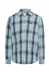 Koszula zapinana na guziki w jasnoniebieskim kolorze z ciemnoniebieskim wzorem w kratę. Posiada długie rękawy, kołnierzyk oraz kieszeń na piersi z detalem w postaci logo.