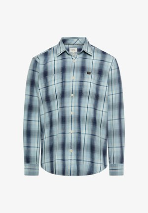 Skjorte med knapper i lyseblå med mørkeblå tern. Har lange ærmer, krave og en brystlomme med logodetalje.