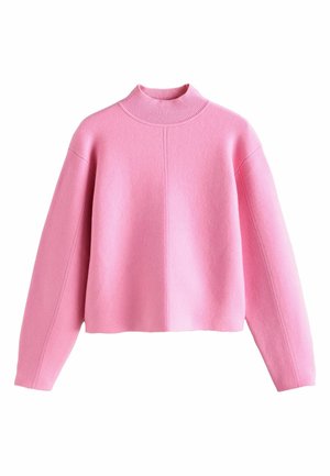 Pink sweater with a high neck, made of soft fabric. Features dropped shoulders and a boxy silhouette, with clean seams and no visible fastenings.