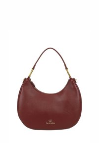 Borsa strutturata in pelle bordeaux con una texture liscia. Presenta una forma curva, un manico corto e dettagli in metallo dorato.