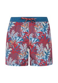 Rode zwembroek met een blauwe tailleband en trekkoord, featuring een levendig koraal- en vissenpatroon in tinten van rood, blauw en oranje.
