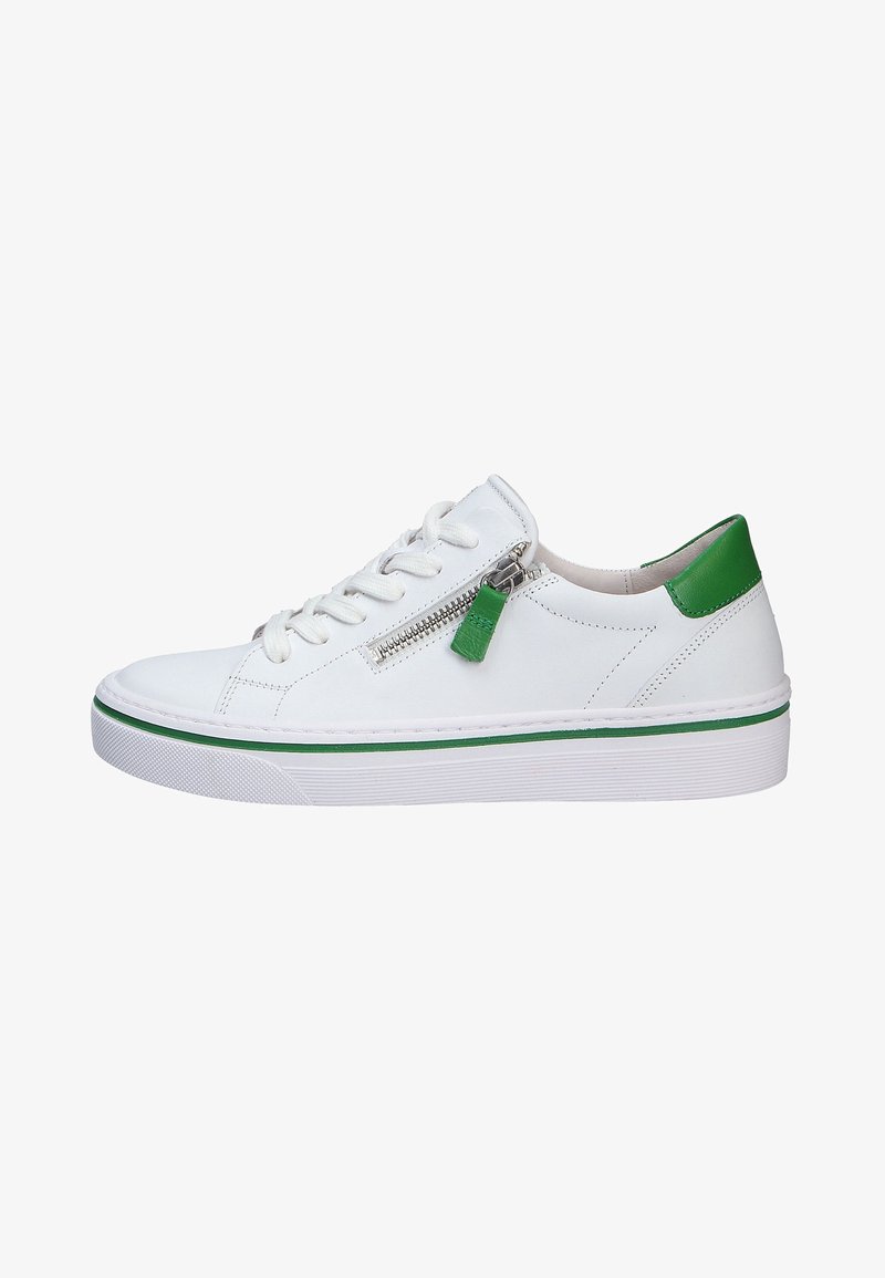 White leather sneaker with green accents, flat white sole, round toe, and textured detailing. Features a side zipper with green pull tab.