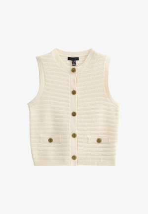 Cream vest with a textured knit pattern, featuring a round neckline, six gold buttons, and two front pockets.