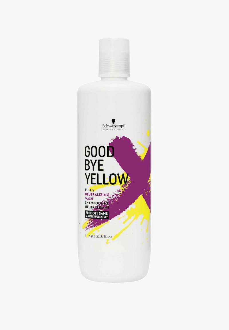 Bottiglia di plastica bianca, 33,8 fl oz. L'etichetta presenta accenti viola e gialli. Il testo include "Addio Giallo" e "Lavaggio Neutralizzante pH 4,5".
