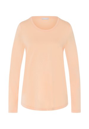 Maglietta a maniche lunghe in tessuto morbido color pesca, con scollo rotondo e orlo dritto. Texture liscia senza motivi o accenti visibili.