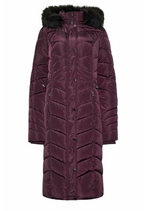 Burgundy padded parka jacket with a faux fur hood. Features a quilted pattern, zippered side pockets, and a closed front with buttons.